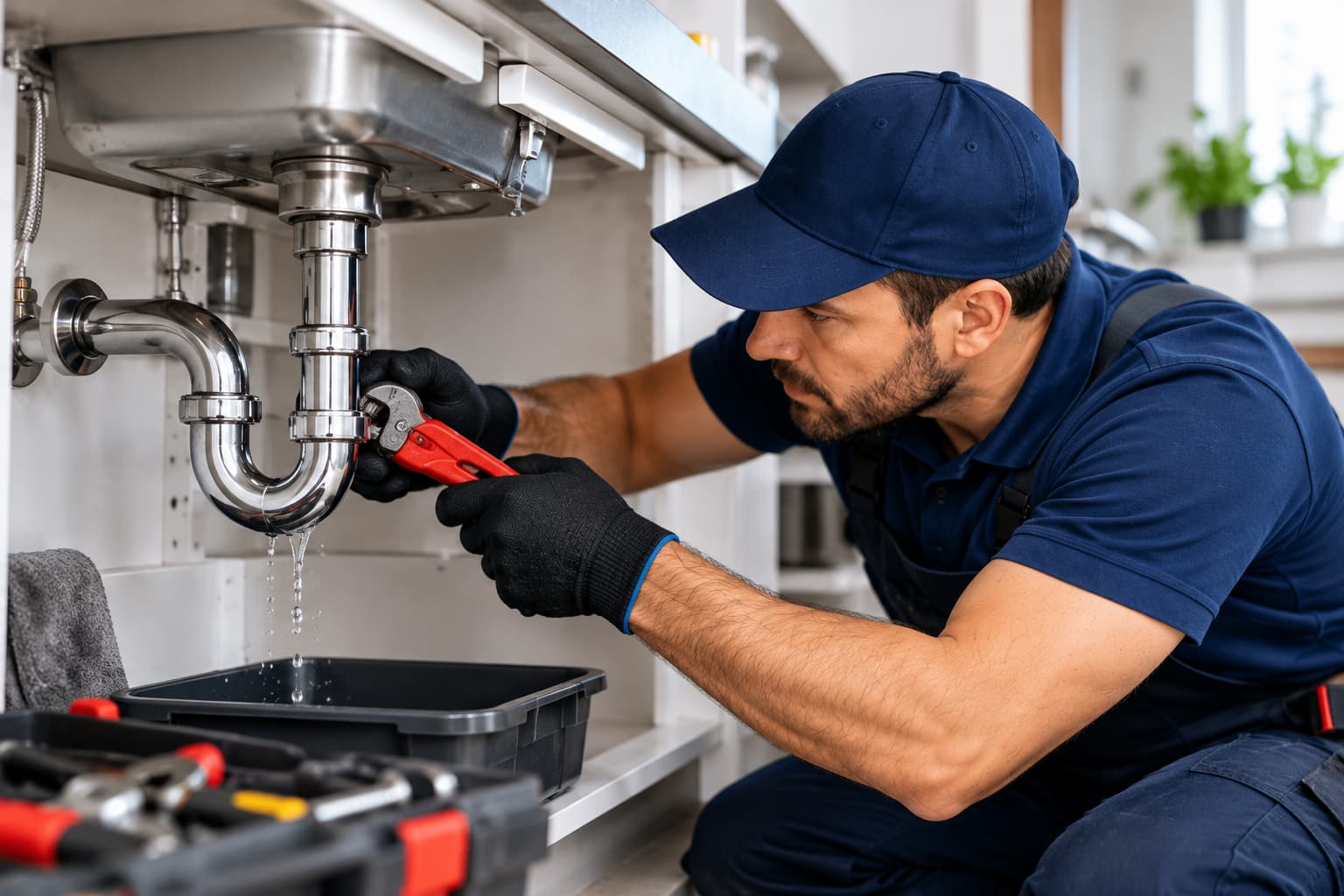 Gasfiter reparando una tubería bajo el lavaplatos